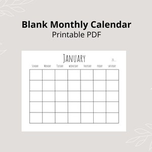 Blank Monthly Calendar, 11 x 8.5 inches, PDF Printable, Instant Download, Simple