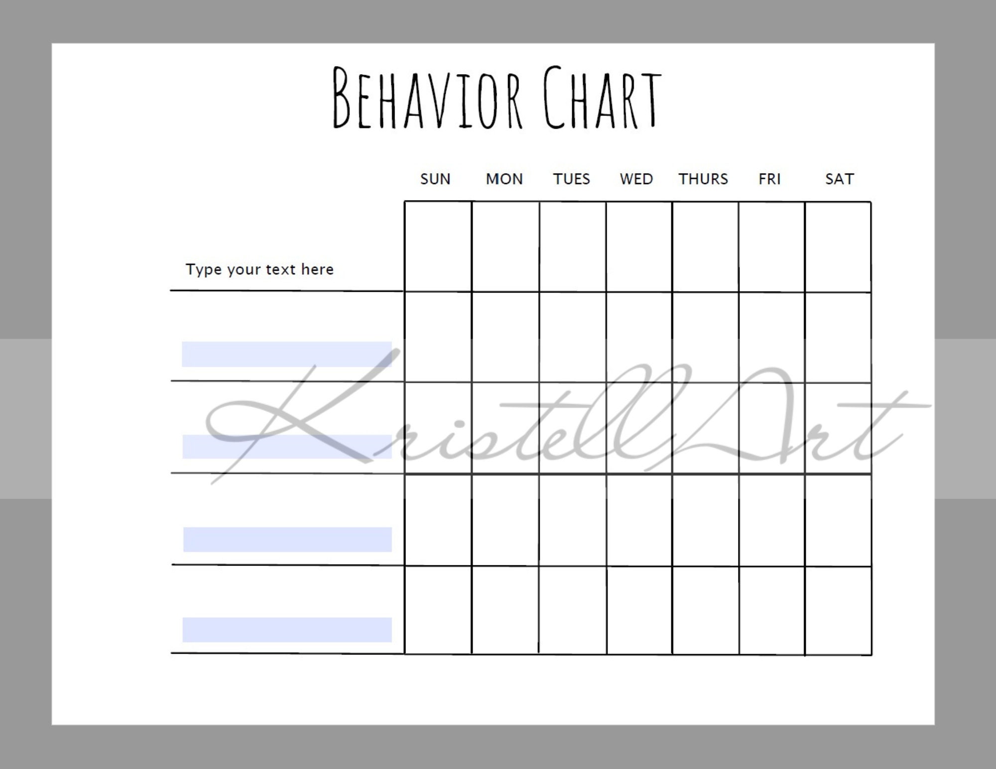 Fillable PDF Printable Behavior Chart, Blank, Digital Download - Etsy