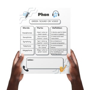 Phon--2 pg Greek Root Anchor Chart and Worksheet, Prefix, Suffix, Printable