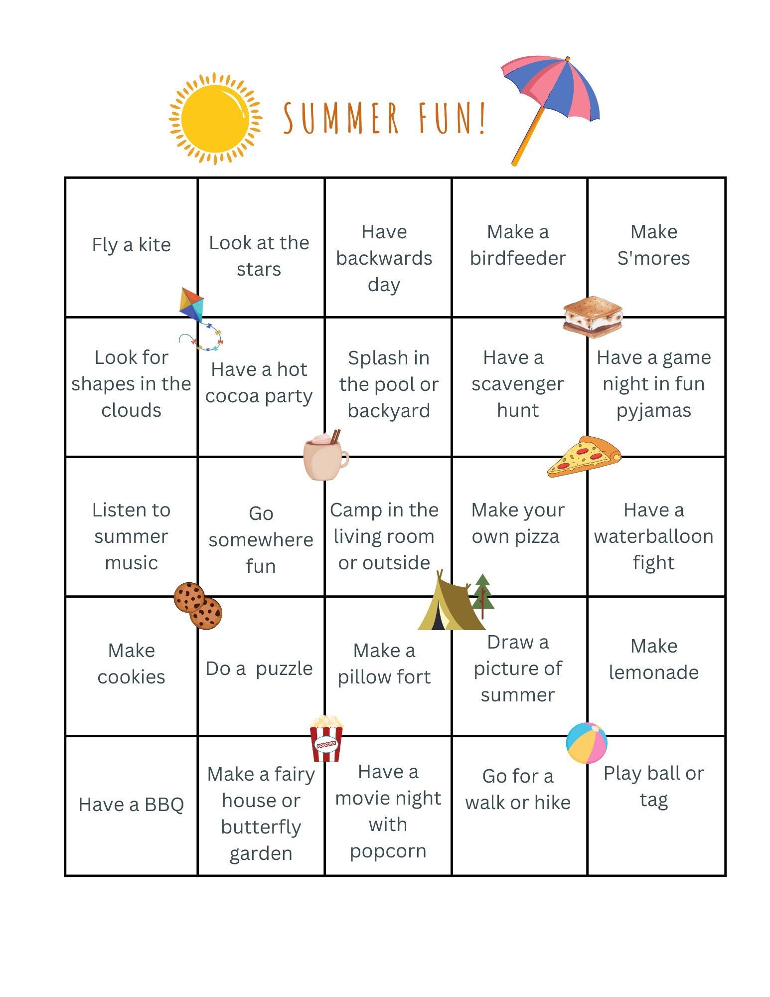 Summer Fun Template.pdf 25 Activities for Summer Fun, Family Games, Printable, Digital Download ...
