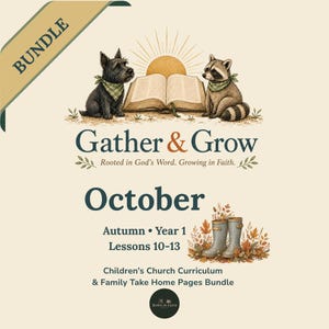 Peut inclure: Un ensemble de programme éducatif intitulé Gather & Grow October Autumn Year 1 Lessons 10-13. L'image montre un chien noir et un raton laveur portant des bandanas verts près d'un livre ouvert avec un soleil, et des bottes de pluie grises.
