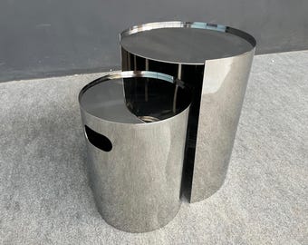 Pair of Modern Drum Nesting Tables in Polished Stainless Steel | SENA
