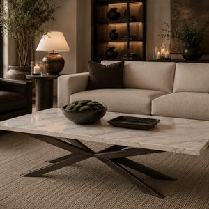 Spider Leg Base for Coffee Table | Solid Steel X-Frame Pedestal Legs, Marble Glass Wood Top | Handmade Custom Size & Color | YILDIZ C