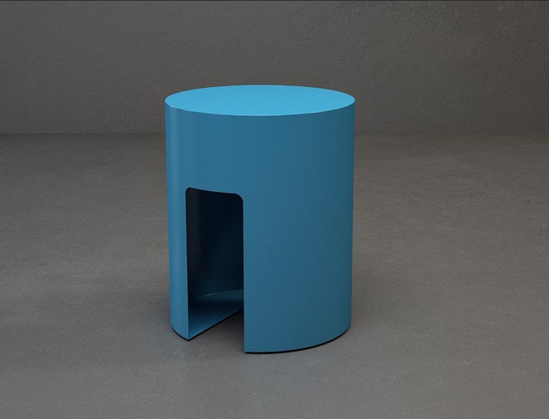 A blue cylindrical side table with a cutout on the front side.