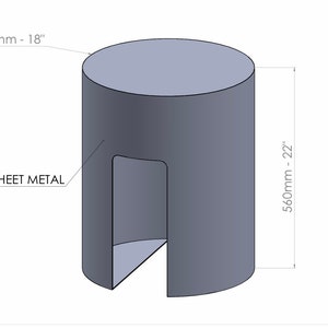 May include: A cylindrical metal object with a cutout, rendered in a 3D style. The diameter is 18 inches (455mm), and the height is 22 inches (560mm). The material is 2mm sheet metal. The design is by SUMBULLU.
