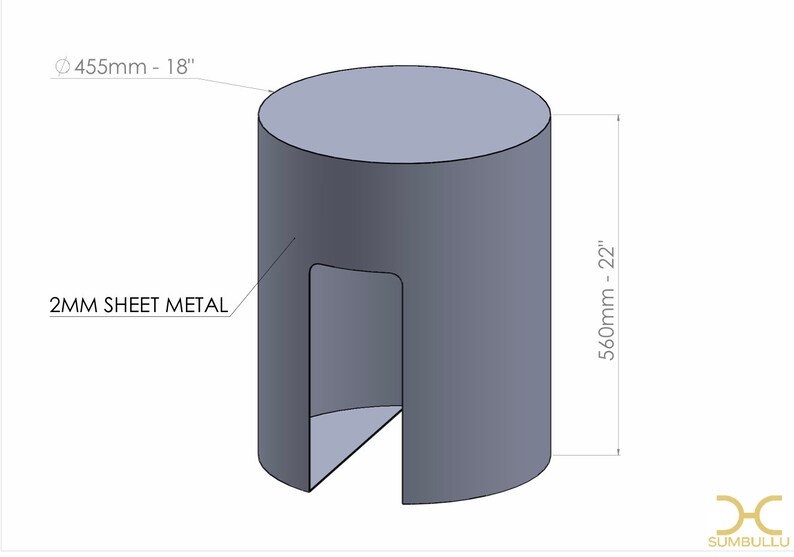 May include: A cylindrical metal object with a cutout, rendered in a 3D style. The diameter is 18 inches (455mm), and the height is 22 inches (560mm). The material is 2mm sheet metal. The design is by SUMBULLU.