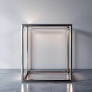 May include: A silver metal frame with a square shape. The frame is empty and has a light shining through it.