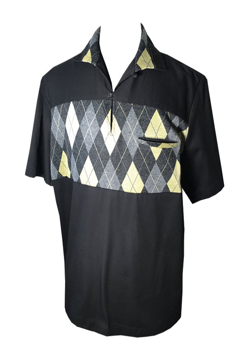 1950s Men’s Shirt Styles – Casual, Gaucho, Camp 1950s Vintage Rockabilly Argyle Short Sleeve Shirt 