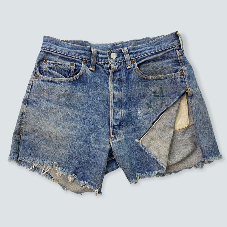 Vintage levis cutoffs thrashed 1950s xx double x big e 30 denim jeans image 5