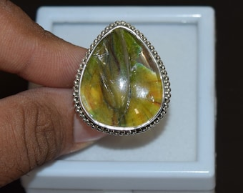 925 Sterling Silver Lodolite Garden Quartz Adjustable Ring, Natural Designer Lodolite Garden Quartz Ring, US size 8.5