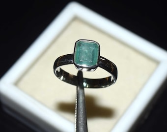 Transparent Emerald Ring in 925 Sterling Silver, Genuine Octagon Cut Green Gemstone Ring Minimalist Bezel Solitaire May Birthstone Size 6 US