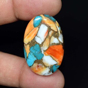 Cabochon di pietra preziosa turchese Spiny Oyster da 38,35 ct / Cabochon ovale blu bianco arancione brillante / Forniture per la creazione di gioielli / 35x23x5 mm