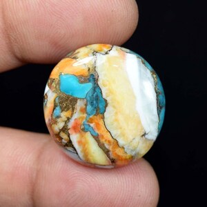 Splendida pietra preziosa turchese spinoso arancione da 32,95 ct, cabochon rotondo da 25 x 6 mm, pietra composita naturale, pietra sciolta per la creazione di gioielli.