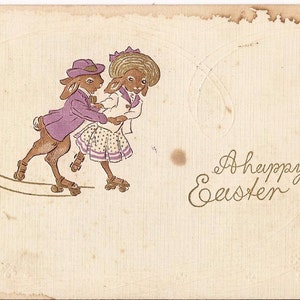 Carte postale ancienne de Pâques, "A Happy Easter", embossée, couple de lapins faisant du patin à roulettes, endos vierge