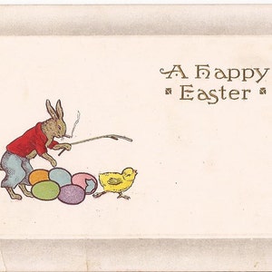Carte postale ancienne de Pâques, "A Happy Easter", embossée, un lapin qui fume une cigarette, dos vierge