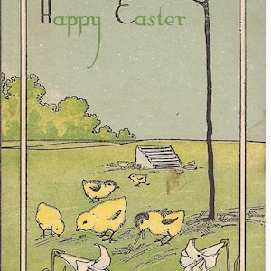 Carte postale ancienne de Pâques, A Happy Easter, poussins et lys, Gibson Art Cie