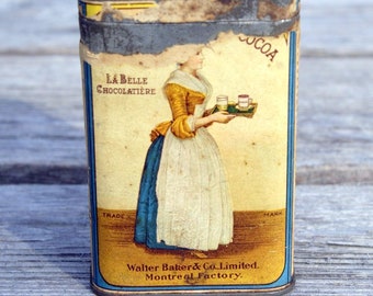 Antique Walter Baker & Co. Ltd cocoa tin La Belle Chocolatière, early 1900, Montreal Factory, Canada -D2