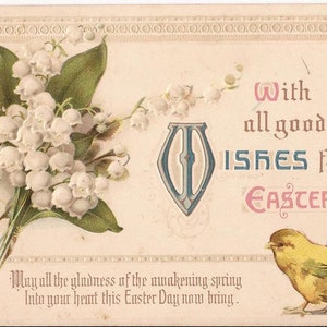Carte postale ancienne de Pâques, With All Good Wishes for Easter, Bouquet de muguet et poussins, embossée
