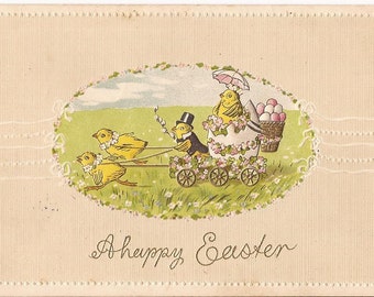 Old Easter postcard, embossed, with chicks and Easter eggs, "A Happy Easter", printed in Germany, never posted