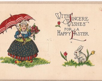 Vintage Easter postcard, embossed, little Dutch girl  with a rose bouquet and an umbrella, never posted