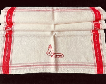 Vintage linen kitchen towel with red side stripes and embroidery, Glass Towel, Made in Ireland, circa 1920