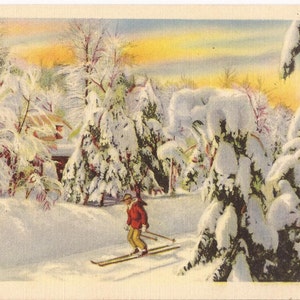 Carte postale ancienne, scène hivernale, homme faisant du ski de fond, Colourpicture Publications, Cambridge Mass., environ 1920