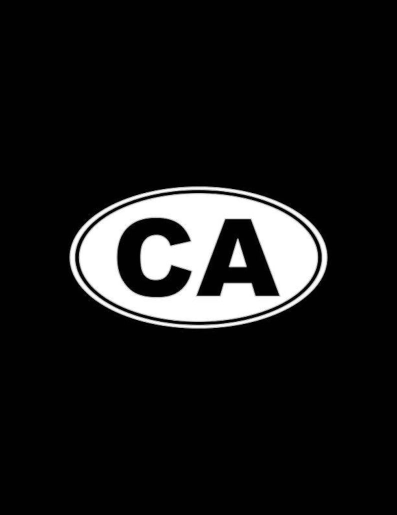May include: White oval sticker with the letters CA in black.