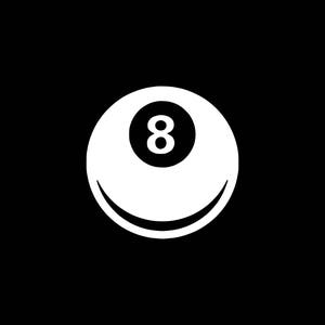 May include: A white billiard ball with a black number eight on it.
