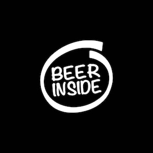 May include: White circle with the text "BEER INSIDE" in a handwritten font.