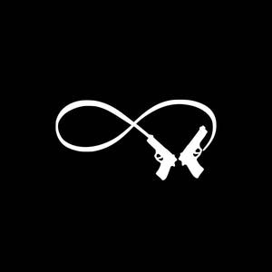 May include: A white infinity symbol with two guns crossing at the center.