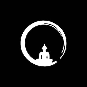 May include: A white silhouette of a meditating Buddha figure inside a white circle on a black background.
