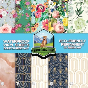 May include: Ten different patterned vinyl sheets for crafting and decorating. The sheets feature floral, geometric, and marble designs in a variety of colors. The sheets are waterproof, scratch resistant, and eco-friendly. The text "NYDECALS.COM" is printed on the image.