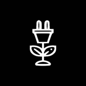 May include: A white outline of a stylized flower with an electrical plug as the flower's head. The flower has two leaves and a stem.