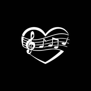 May include: A white heart shape with musical notes and a treble clef inside. The notes are on a musical staff.