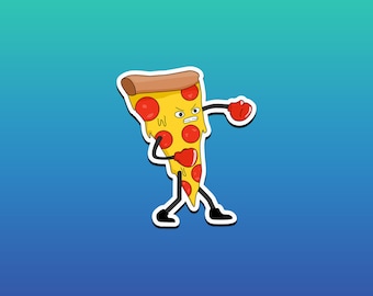 May include: A cartoon pizza slice wearing boxing gloves and a determined expression. The pizza is yellow with red pepperoni and a brown crust. The background is a gradient of blue and green.