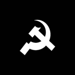 May include: A white silhouette of a hammer and sickle, a symbol of communism.