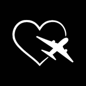 May include: A white silhouette of an airplane flying inside a white heart shape against a black background.