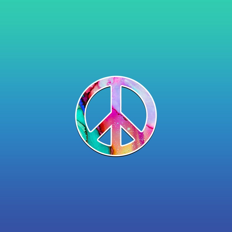 May include: A white peace sign with a colorful, abstract background. The background is a mix of pink, blue, green, and yellow.