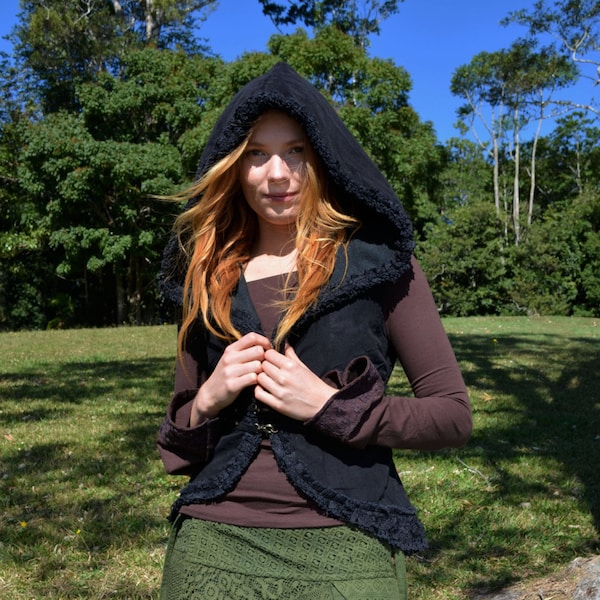 Anahata Hood Vest, Black, Elven, Hoodie Vest, Pixie Vest, Gothic Clothing, Festival Clothing, Faerie, Psytrance, Goa, Bohemian, Steampunk