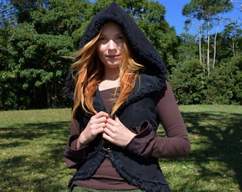 Elven rave-capuchonvest, met fleece gevoerde gotische pixie-stijl, Faerie Psytrance boho steampunk-top