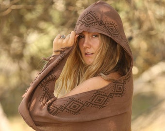 Tribal Hooded Scarf, Cotton Hand Block Scarf, Festival Scarf, Hoodie Scarf, Hippie Scarf, Gift for Her, Boho Scarf, Earthy Clothing, Natural