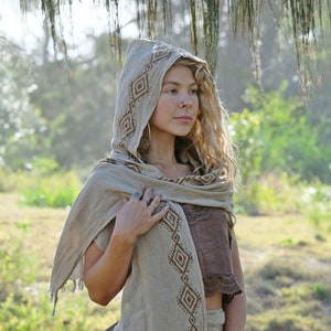 Écharpe à capuche festival, écharpe bloc main en coton, écharpe tribale, écharpe à capuche, écharpe hippie, cadeau pour elle, écharpe bohème, haut festival, naturel