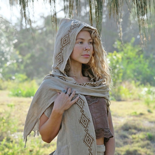 Tribal Hooded Scarf, Cotton Hand Block Scarf, Festival Scarf, Hoodie Scarf, Hippie Scarf, Gift for Her, Boho Scarf, Earthy Clothing, Natural