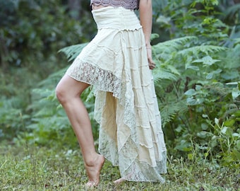 Falda pixie de encaje de algodón con bajo asimétrico, vestido bohemio para festivales, estilo hada, renacentista, élfico y hippie.