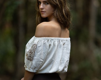 Boho Off Shoulder Cotton Top, Puffed Sleeve Peasant Blouse, Hippie Festival Top, Vintage Style