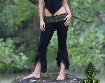 Frilly Lace Elven Capri Leggings, Yoga Hippie Pants, Rave Fairy Ruffle Pixie Gothic Tights