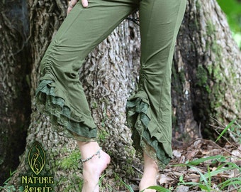 Frilly Lace Capri Leggings, Ruffle Steampunk Elven Pixie Pants, Gothic Faerie Rave Hippie Tights