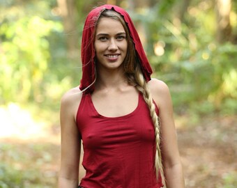 Top con capucha de hada puntiaguda, atuendo de festival élfico, ropa de hada rave psytrance estilo boho.