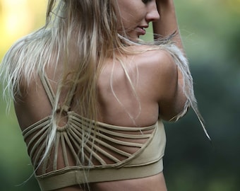 Caged Festival Boho Bra, Tribal Yoga Crop Top, Burning Man Pixie Clothing, Sports Activewear