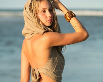 Festival Hoodie Top, Raw Cotton Backless Top, Inca Top, Tribal Top, Pixie Top, Fairy Top, Pixie Clothing, Hippie Top, Boho Top, Goa Top